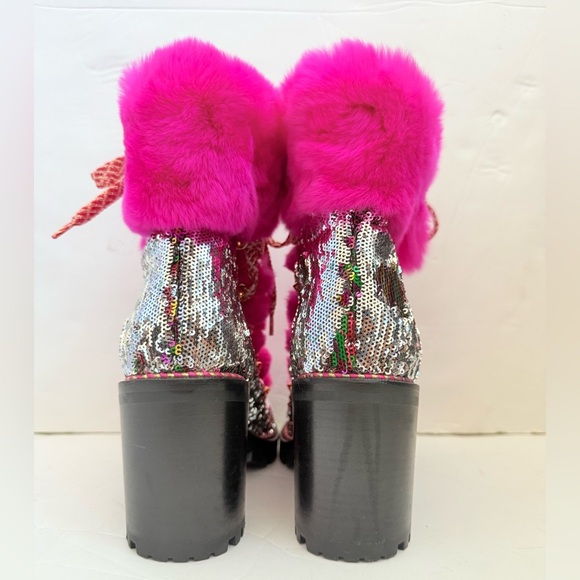 Christian Louboutin Paillettes Fanny 70 Pink Rabbit Fur Heel Combat Boots EU 37 - Picture 7 of 12